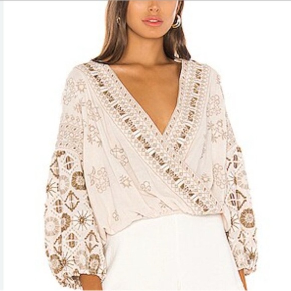 Free People Cream Embroidered 3/4 Sleeve Blouse - Picture 2 of 9